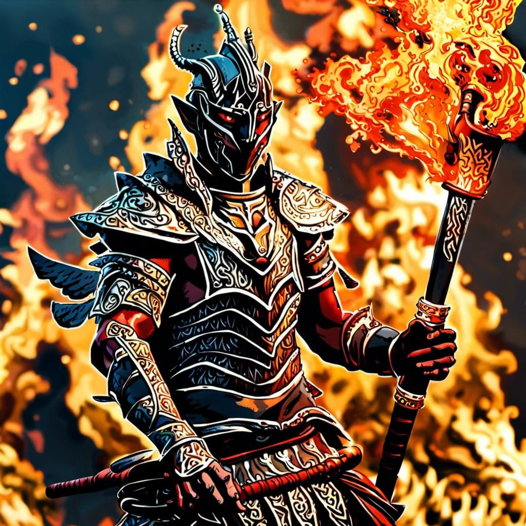 Fiery Samurai Genasi in Red Armor