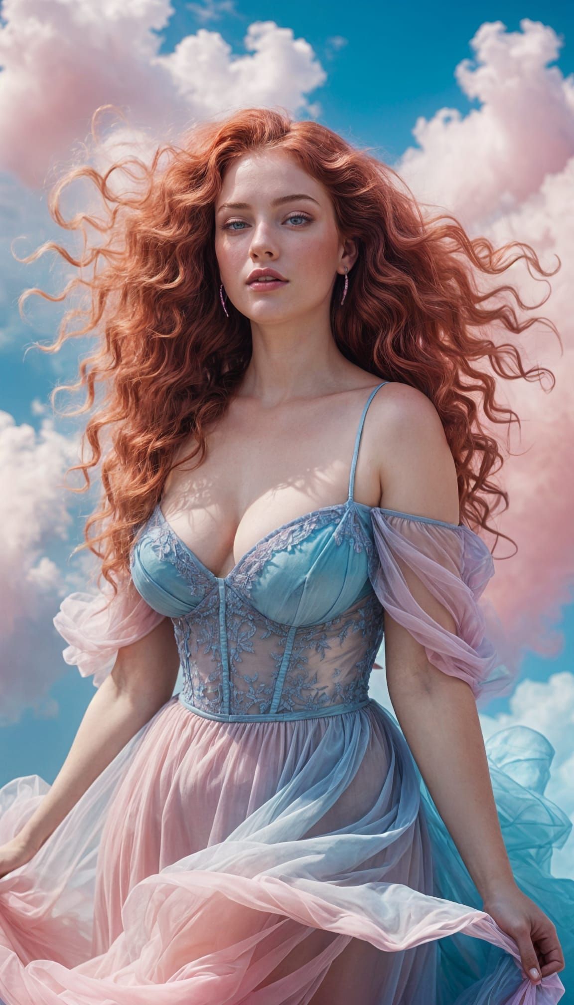 Plus-Size Goddess With Red Hair Dancing in Pink Clouds