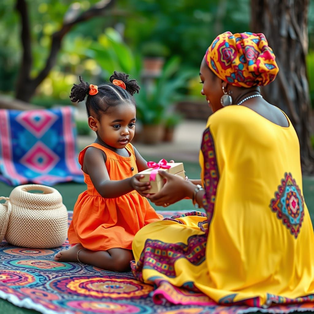 African Mother and Daughter Share Heartfelt Moment in Colorf...