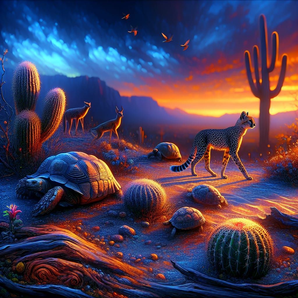 Twilight Desert Wildlife in Hyperrealistic Style