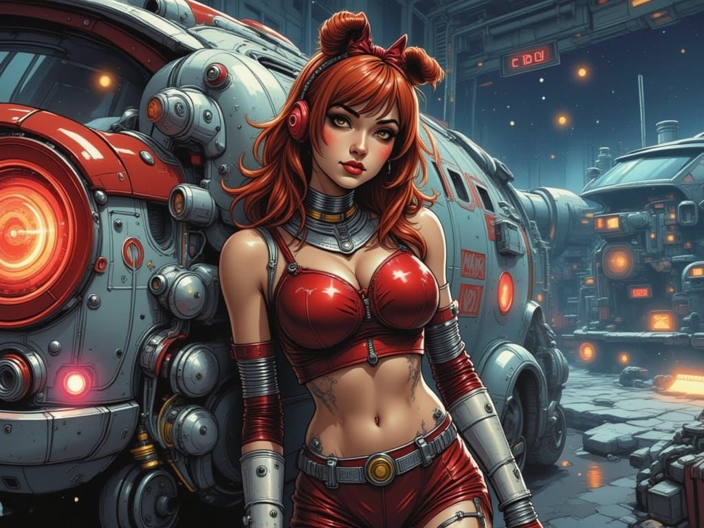 Retro Pinup Leans on Starship in Neon Spaceport