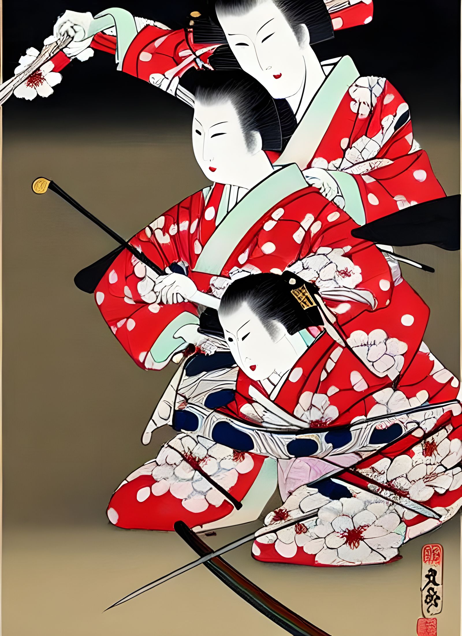 Geisha and Samurai Sword Fight, Yoshitaka Amano Style