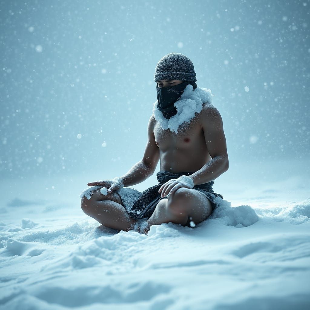 A hyper-realistic, cinematic image of a lone ninja sitting in deep meditation amidst a violent blizzard, his body partia...