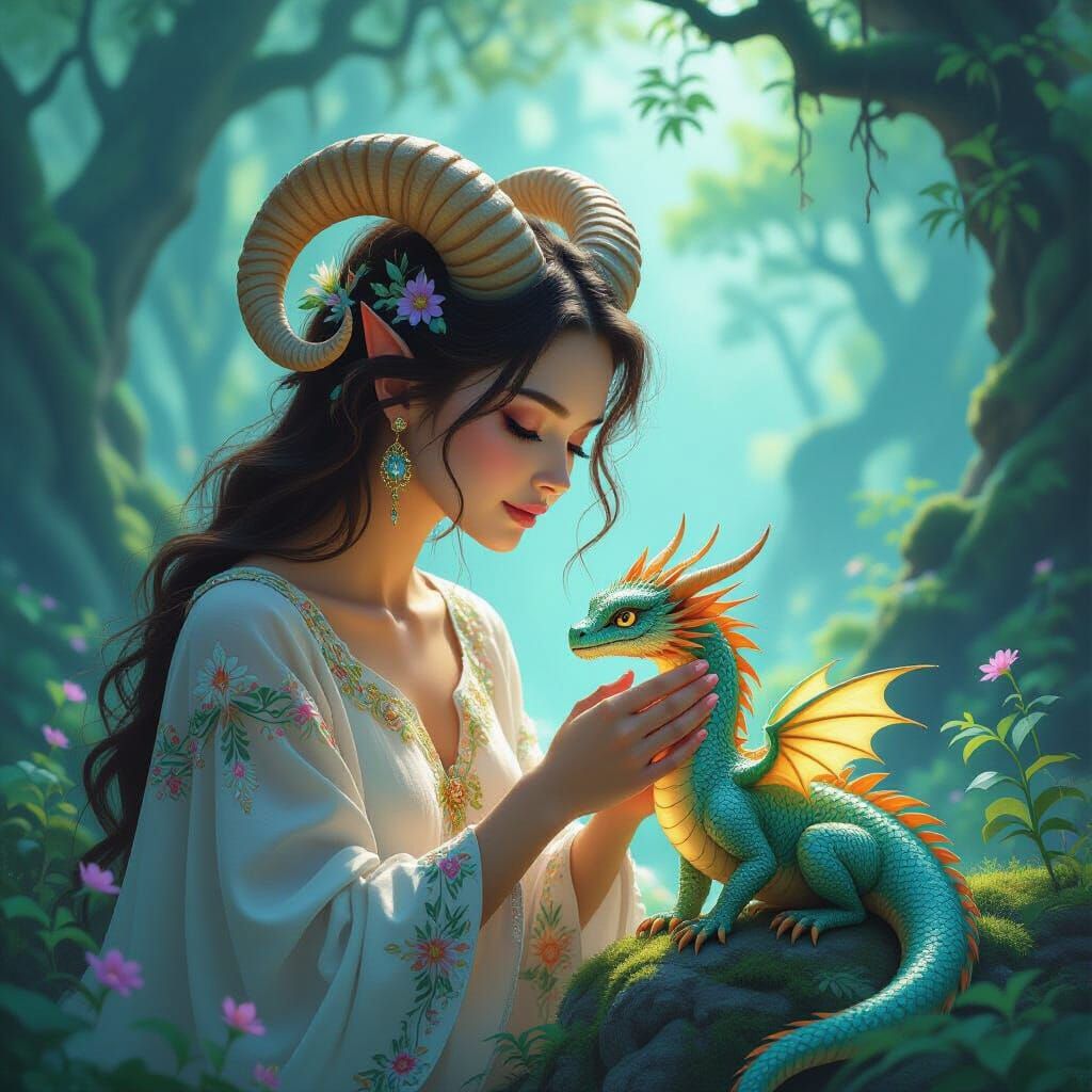 Ethereal Forest Scene: Woman & Glowing Dragon