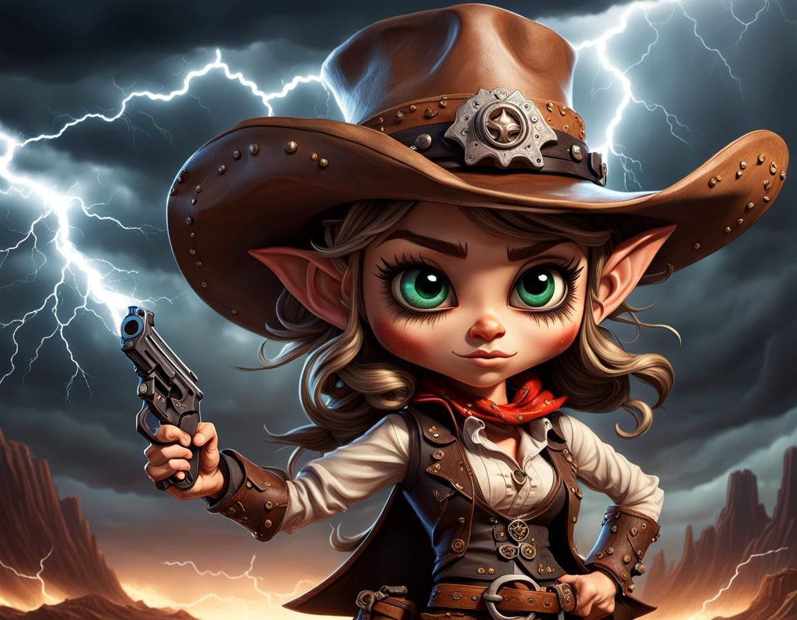 Aggressive Cowgirl Elf Gunslinger in Dark Fantasy Style