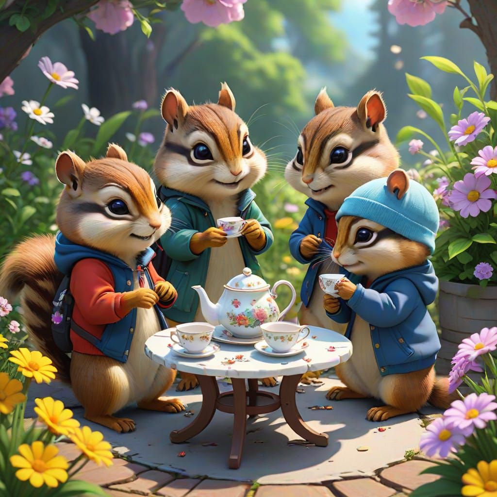 Chipmunk Tea Party in Vibrant Anime Style