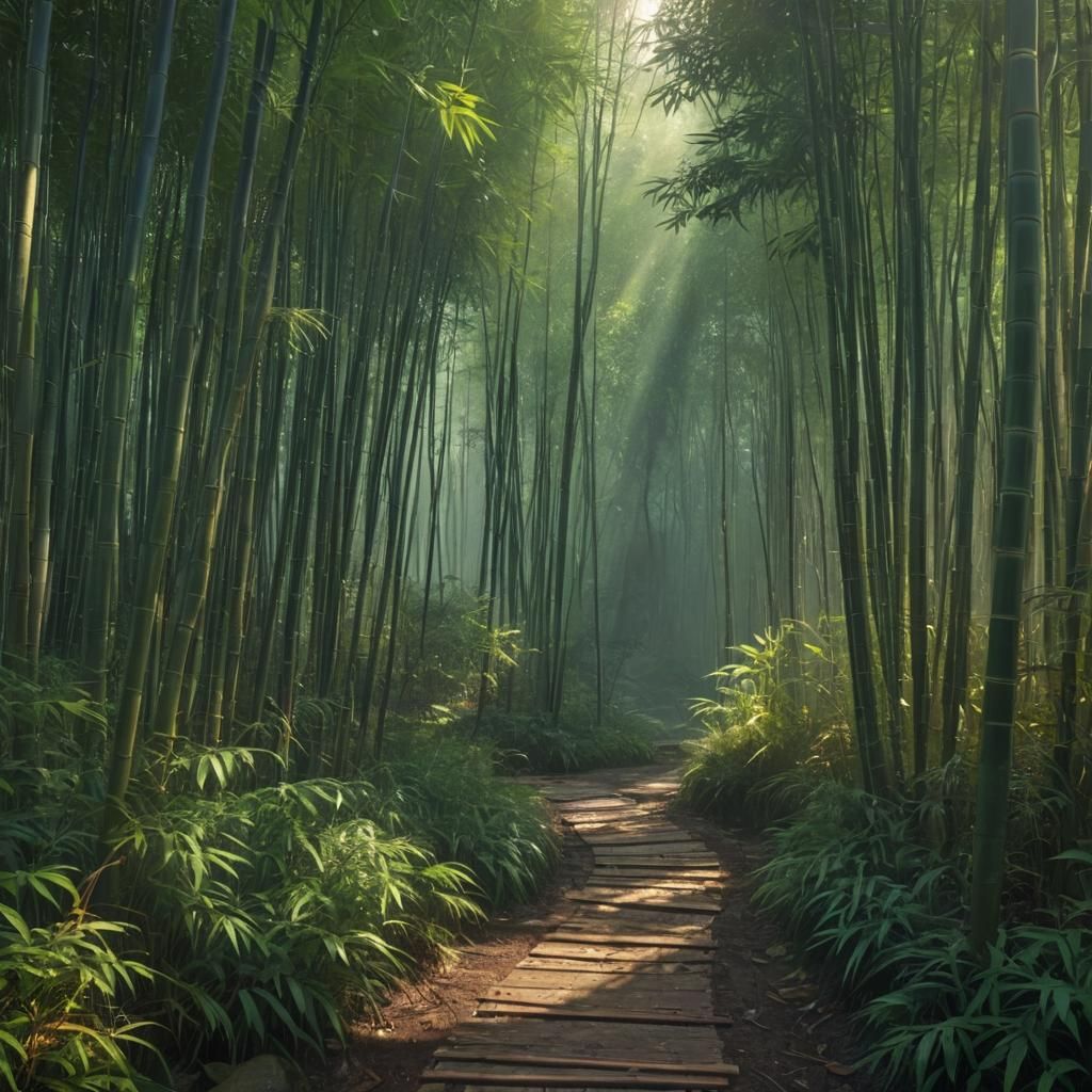 Surreal Japanese Bamboo Forest Scene in Cyberpunk Style