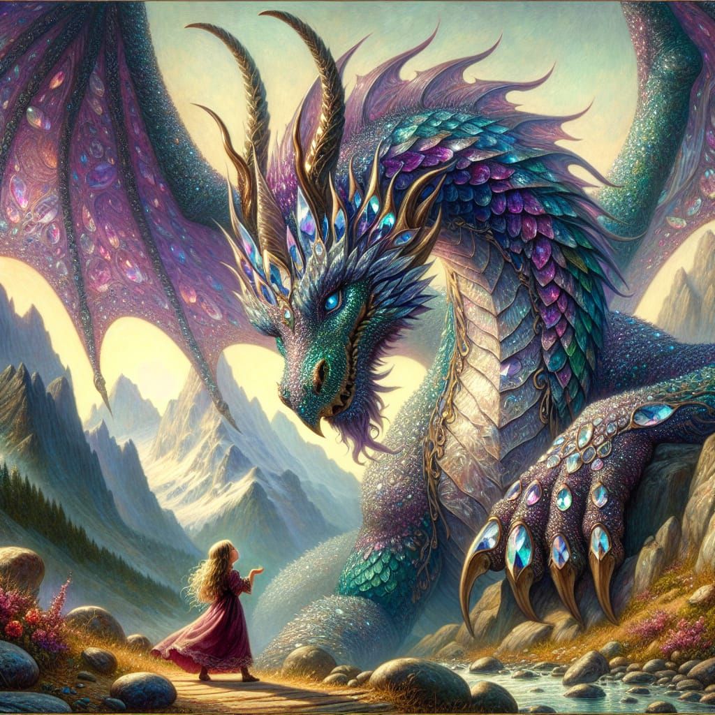 Dragon and Girl: Fantastical Realism Oil Painting