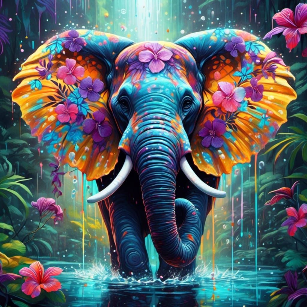 Sparkling Jungle Waterfall with Holographic Elephant