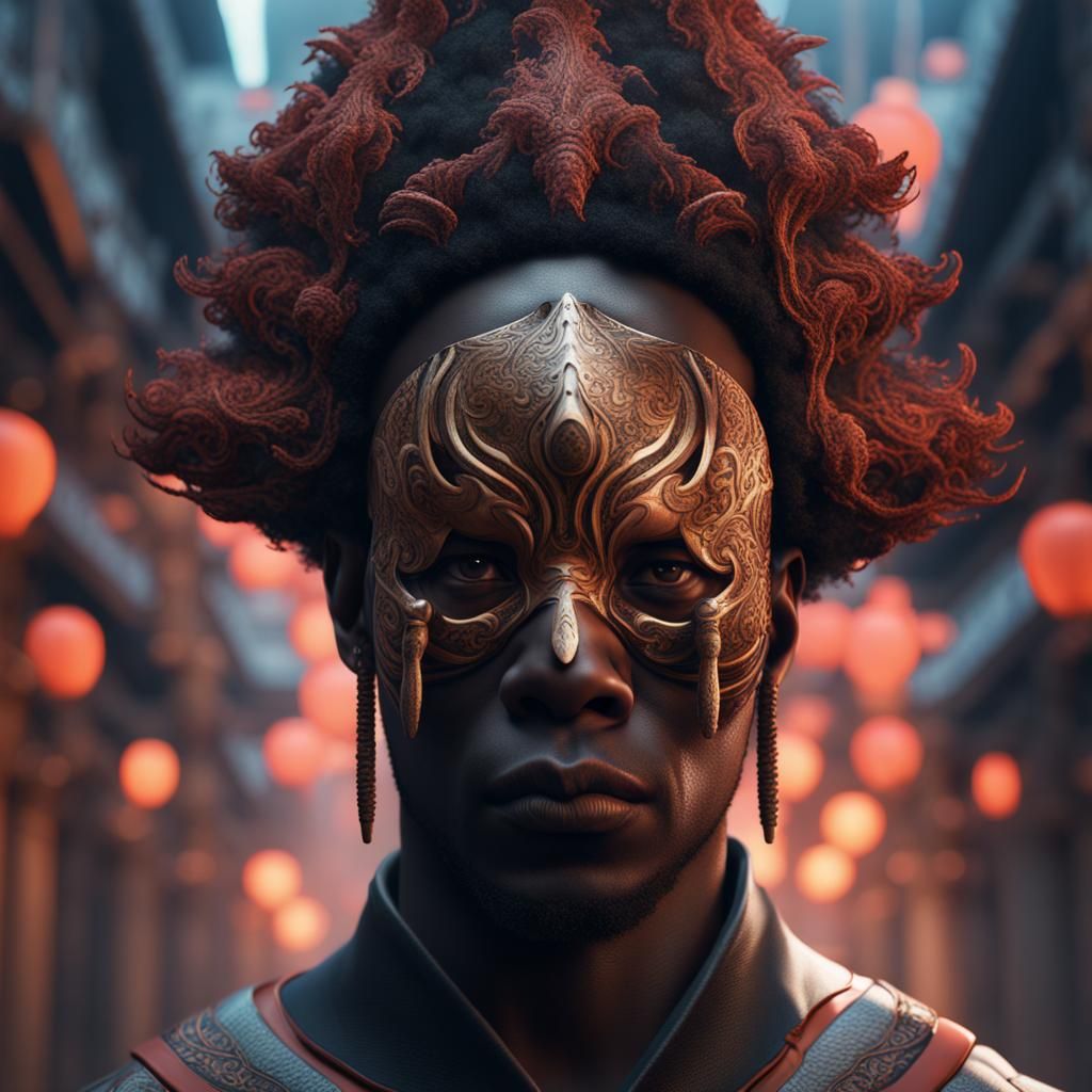 Black Man in Kagetane Hiruko Mask, Detailed Digital Art