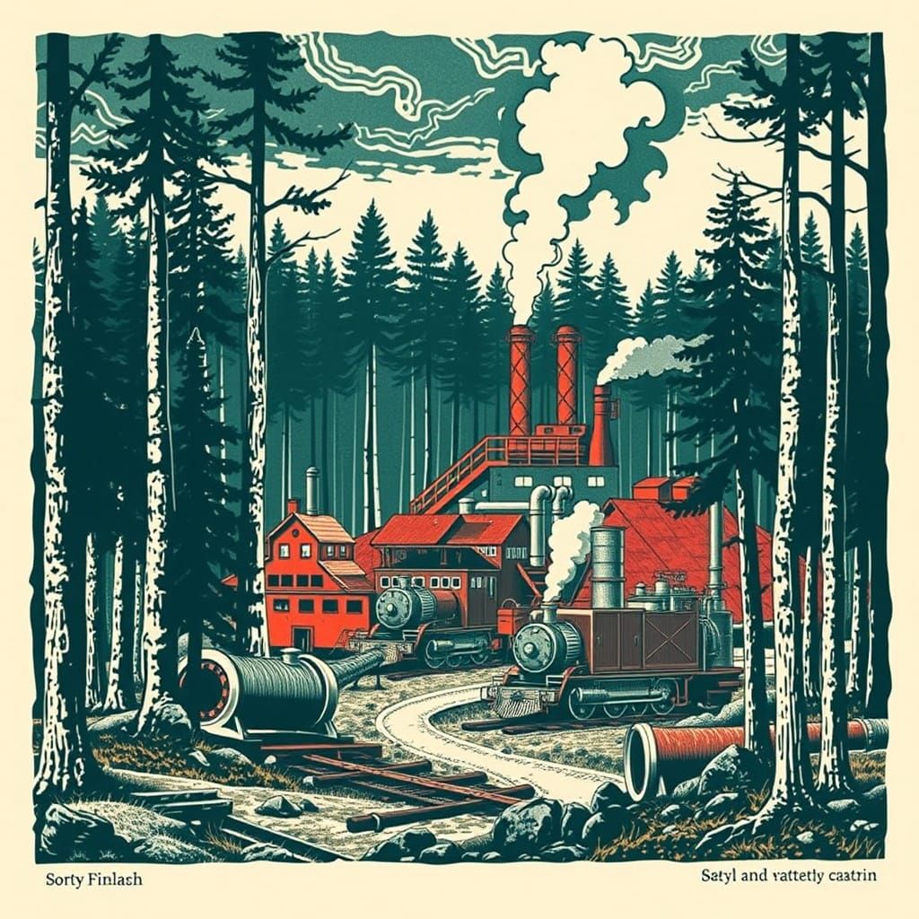 Finnish Folklore Meets Industrial Might in Linocut Masterpie...