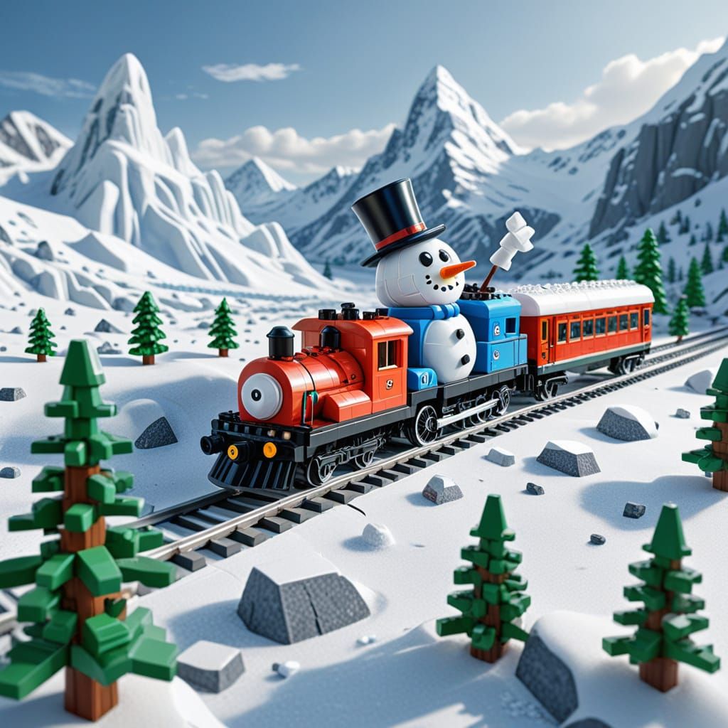 Whimsical Lego Train on Snowy Icy Plains