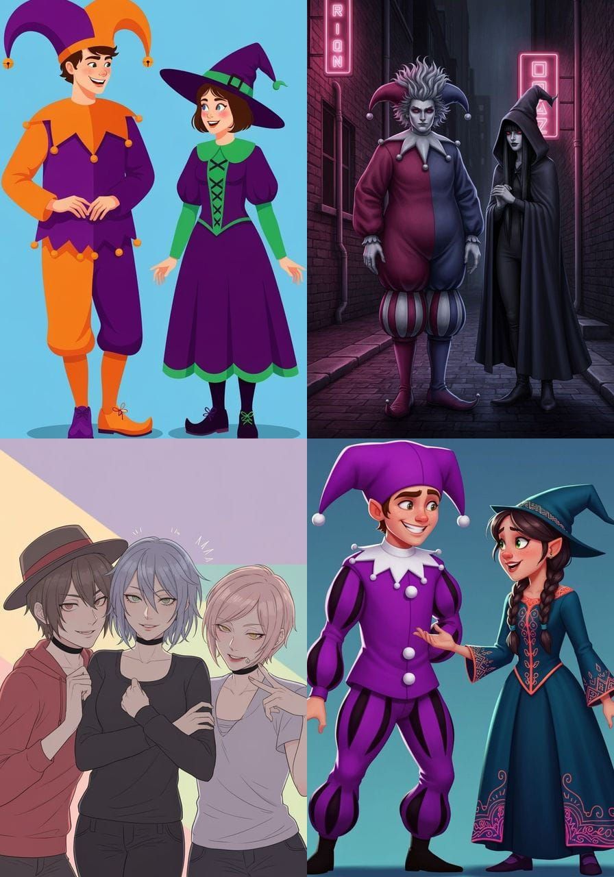 Flirty Cartoon Jester and Witch in Halloween Circus Style