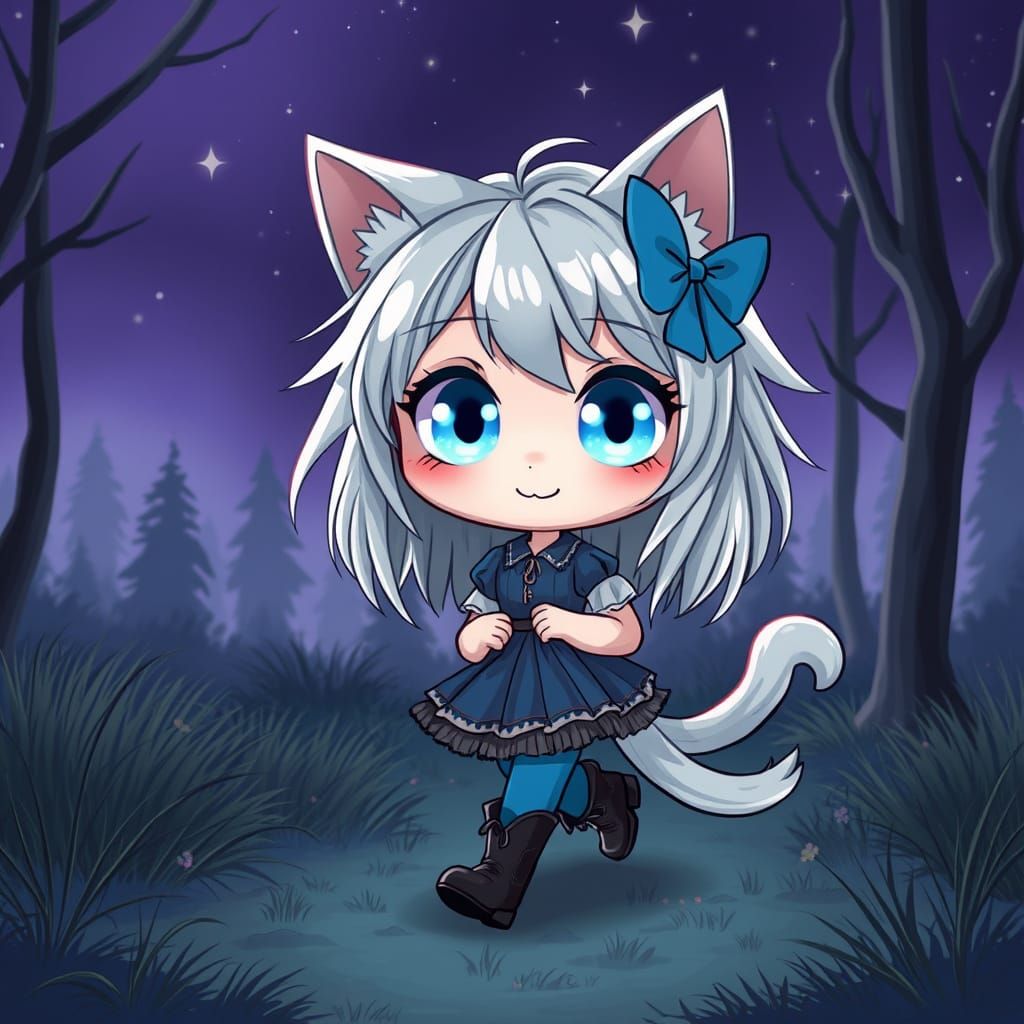 Cartoon Catgirl in Enchanted Forest Clearing