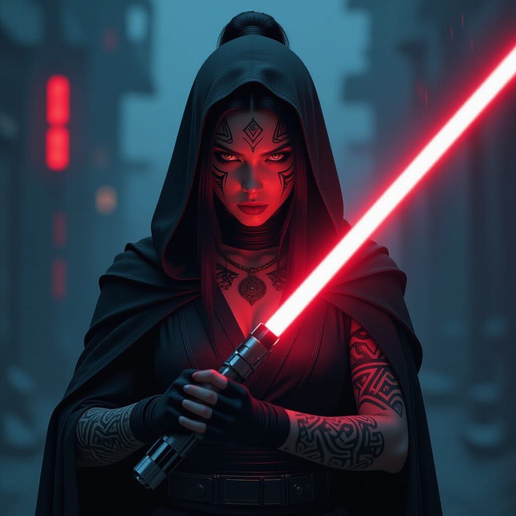 Sith Warrior in Dark Neon Environment