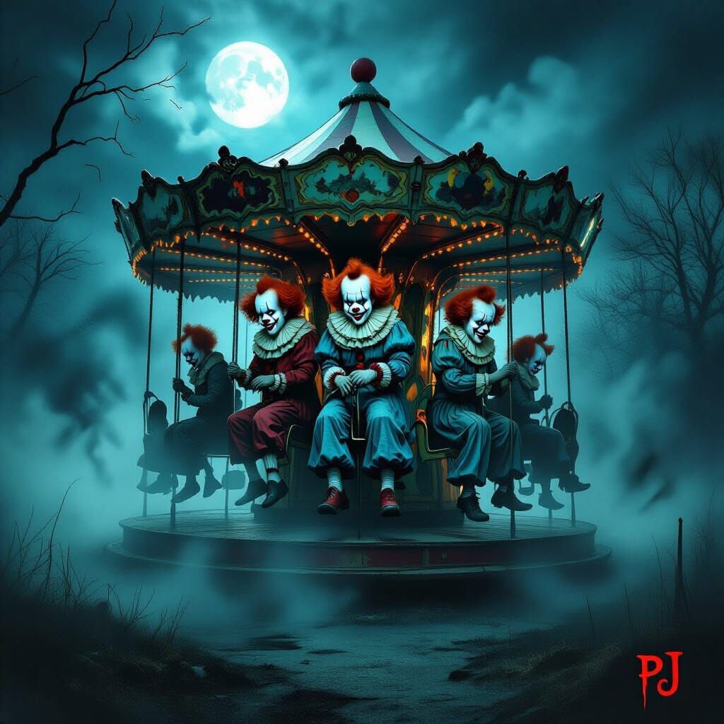 Creepy Clowns on Abandoned Carousel in Gothic Horror Style