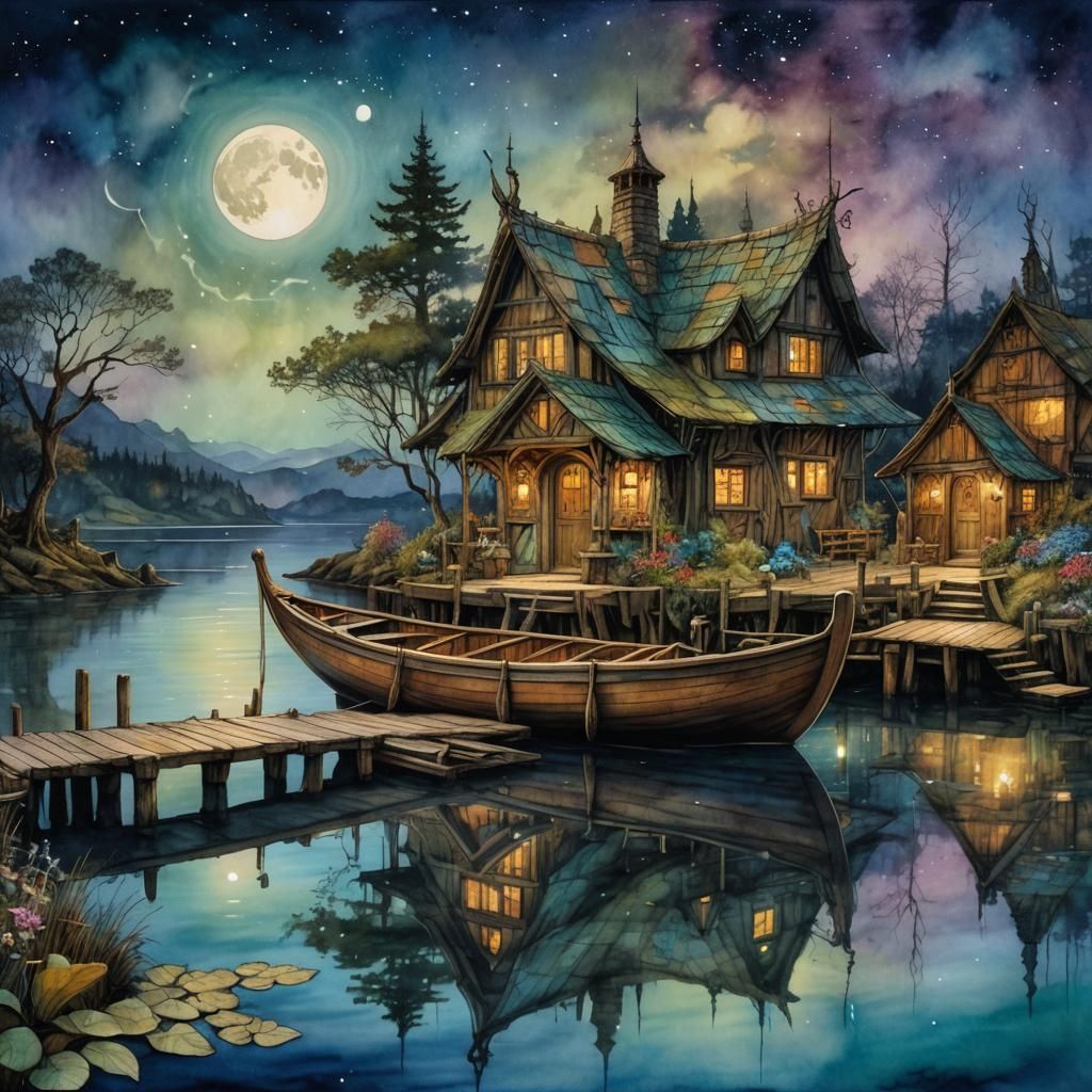 Charming Boat on Pier, Watercolor Fairy Village