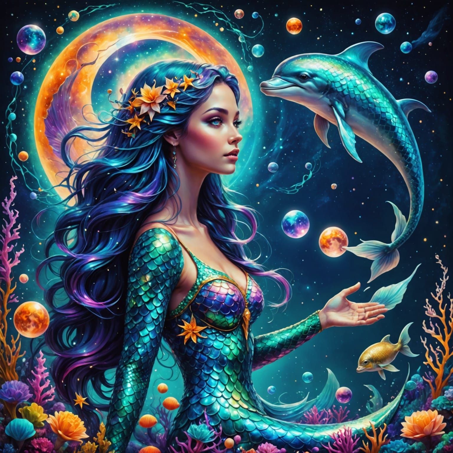 Enchanting Mermaid Amidst Celestial Beauty