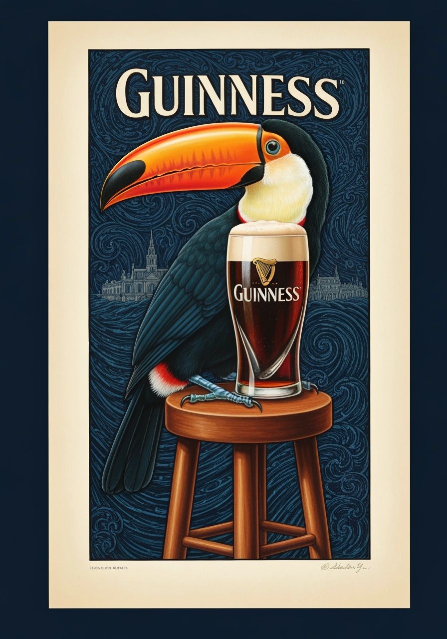 Vintage Guinness advertising poster showing a toucan and a g...