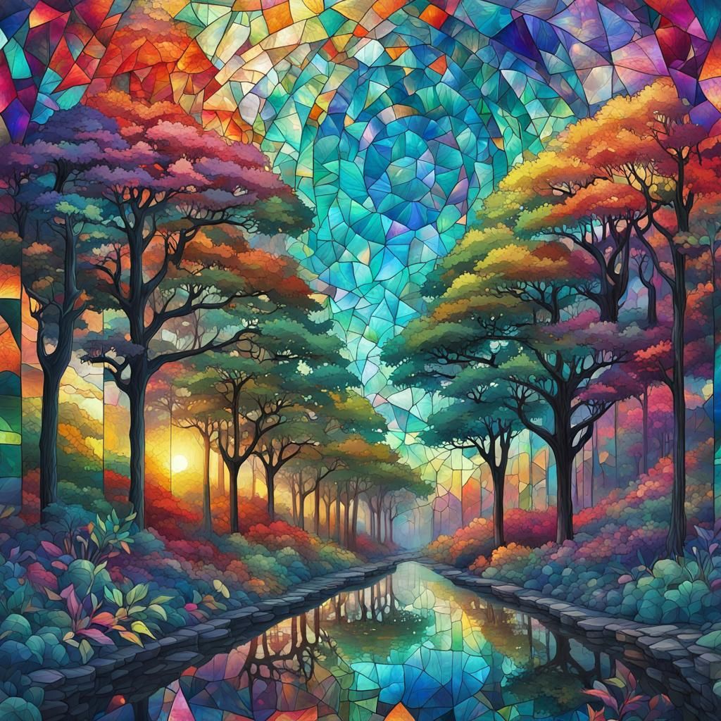Iridescent Fantasy Landscape in Stained Glass Style