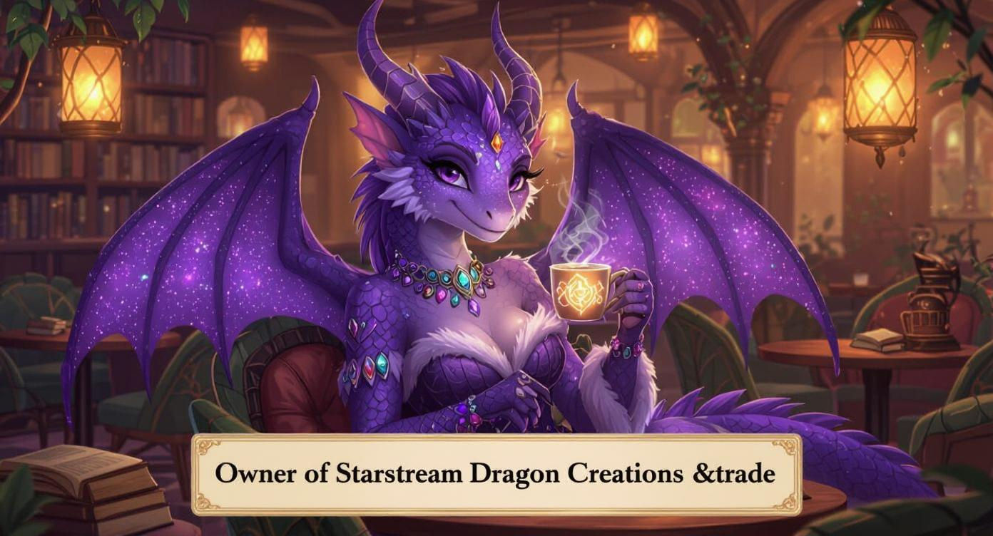 Purple Dragon in Magical Cafe, Digital Art