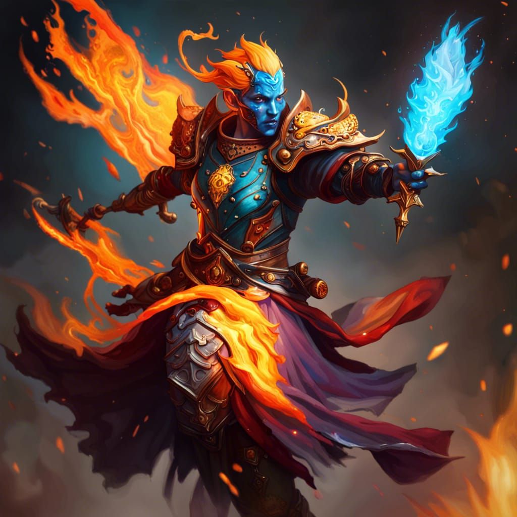 Flying Fire Genasi Warlock with Flaming Sword