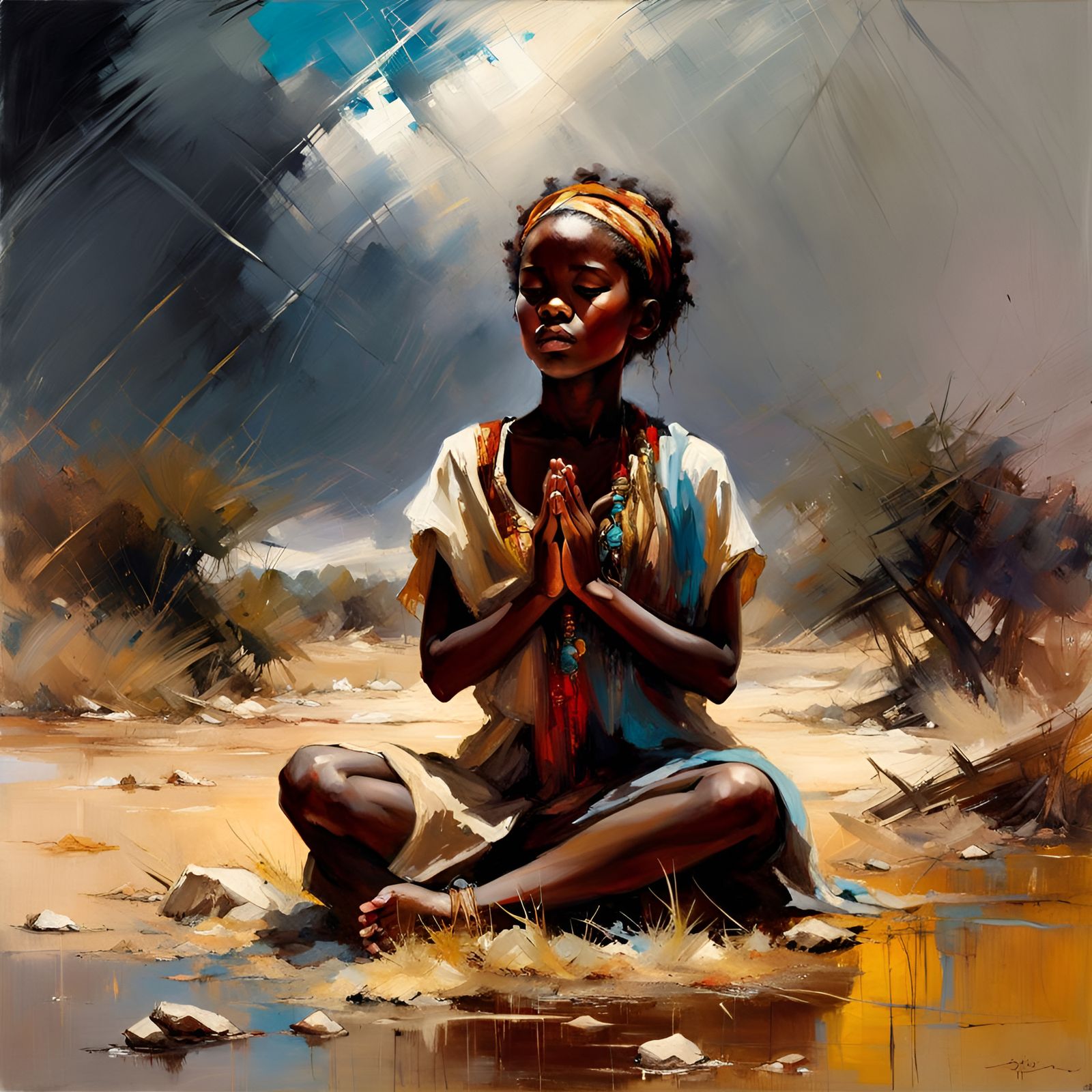 African Girl Praying for Rain: Oil Painting