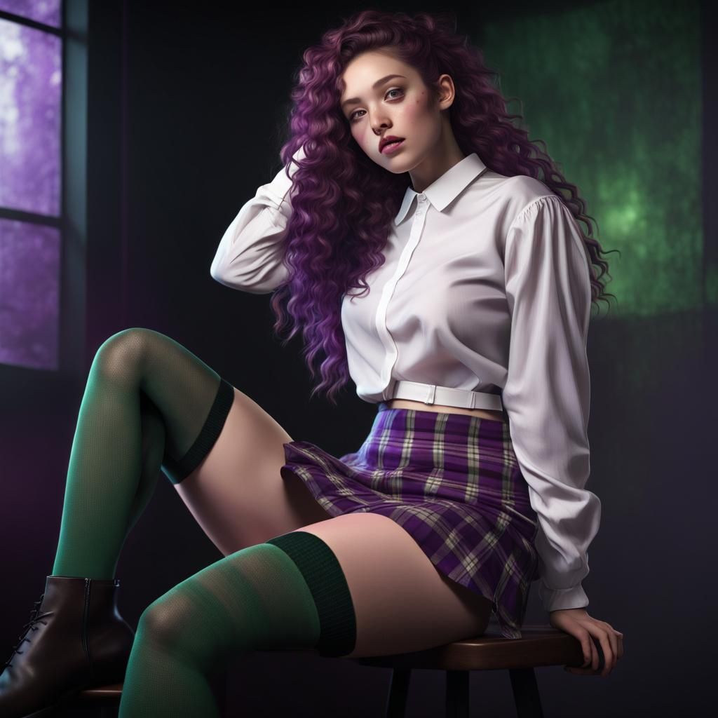 Purple-Haired Woman in Plaid Miniskirt, 3D Render