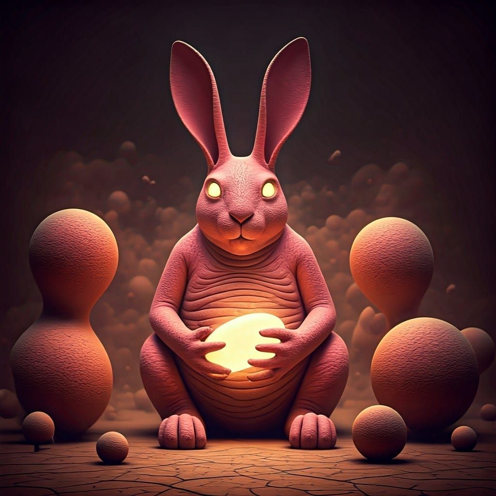 Enigmatic Pink Rabbit Goddess in Dreamlike Earthenware