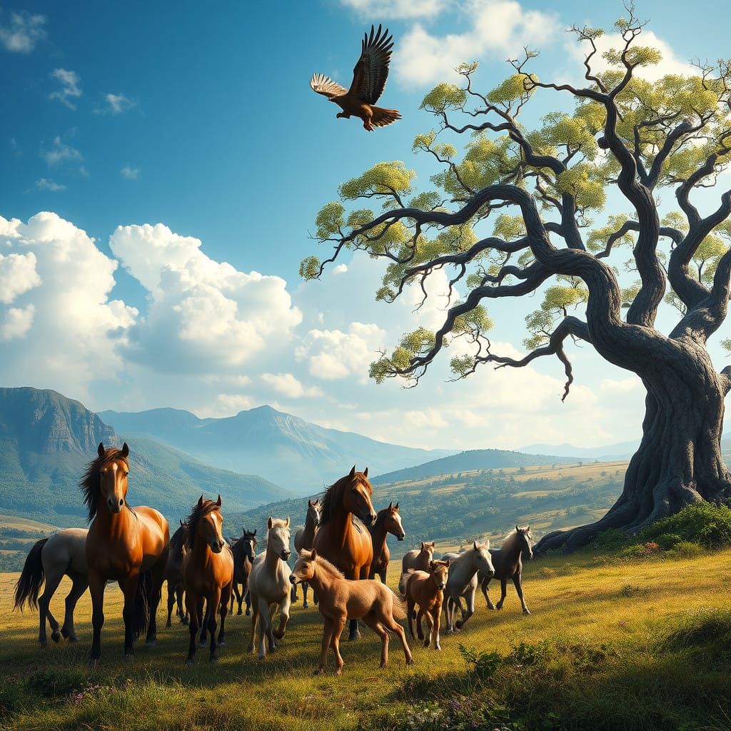 Majestic Horses in a Vibrant Landscape with a Soaring Hawk