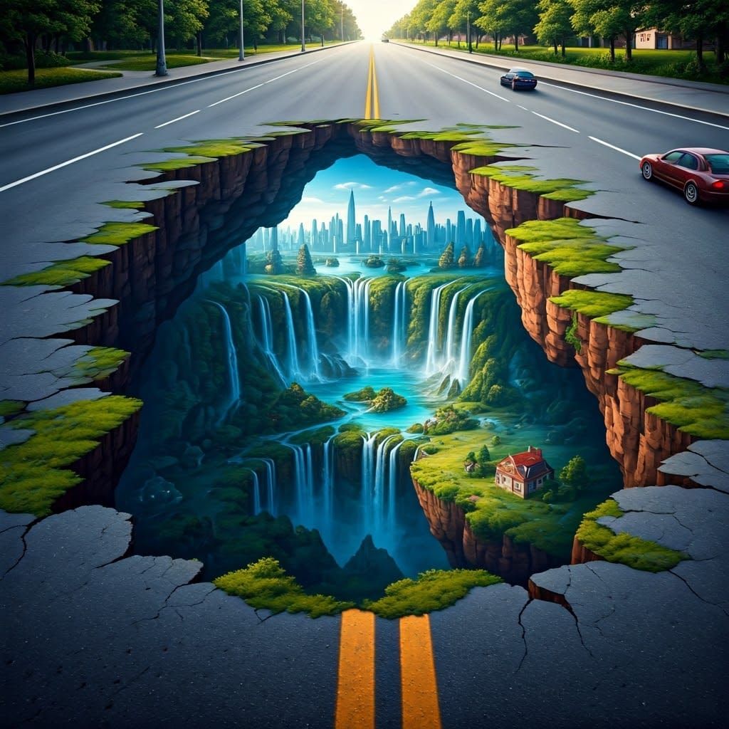 Optical Illusion Street Art: City Under Road