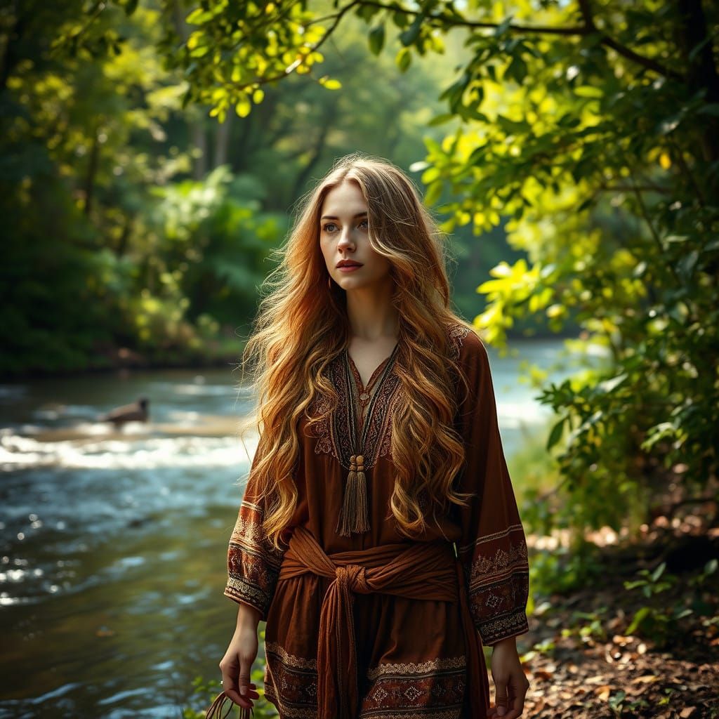 Serenely Walking Bohemian Woman in Vibrant Forest Landscape