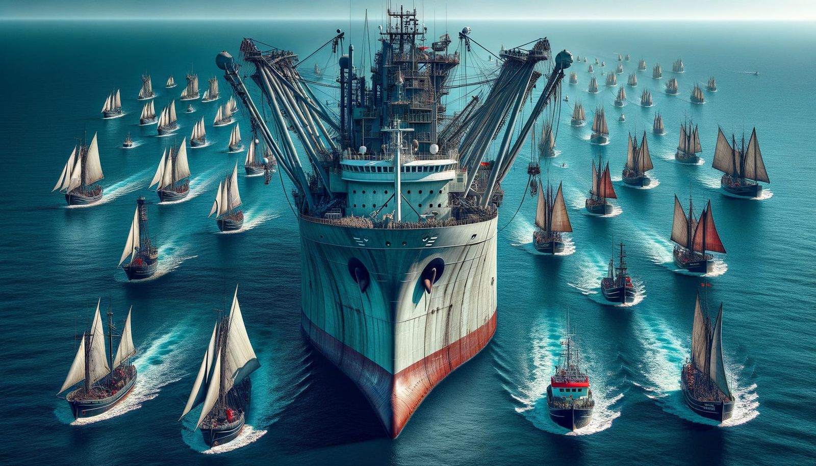 Giant Fishing Factory Ship on the Azure Ocean