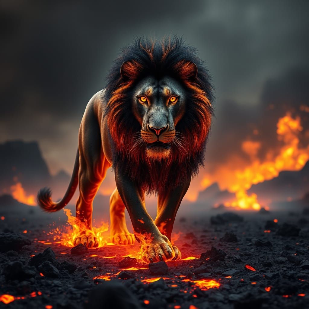Fiery Lion King of a Desolate Wasteland in Cyberpunk Style