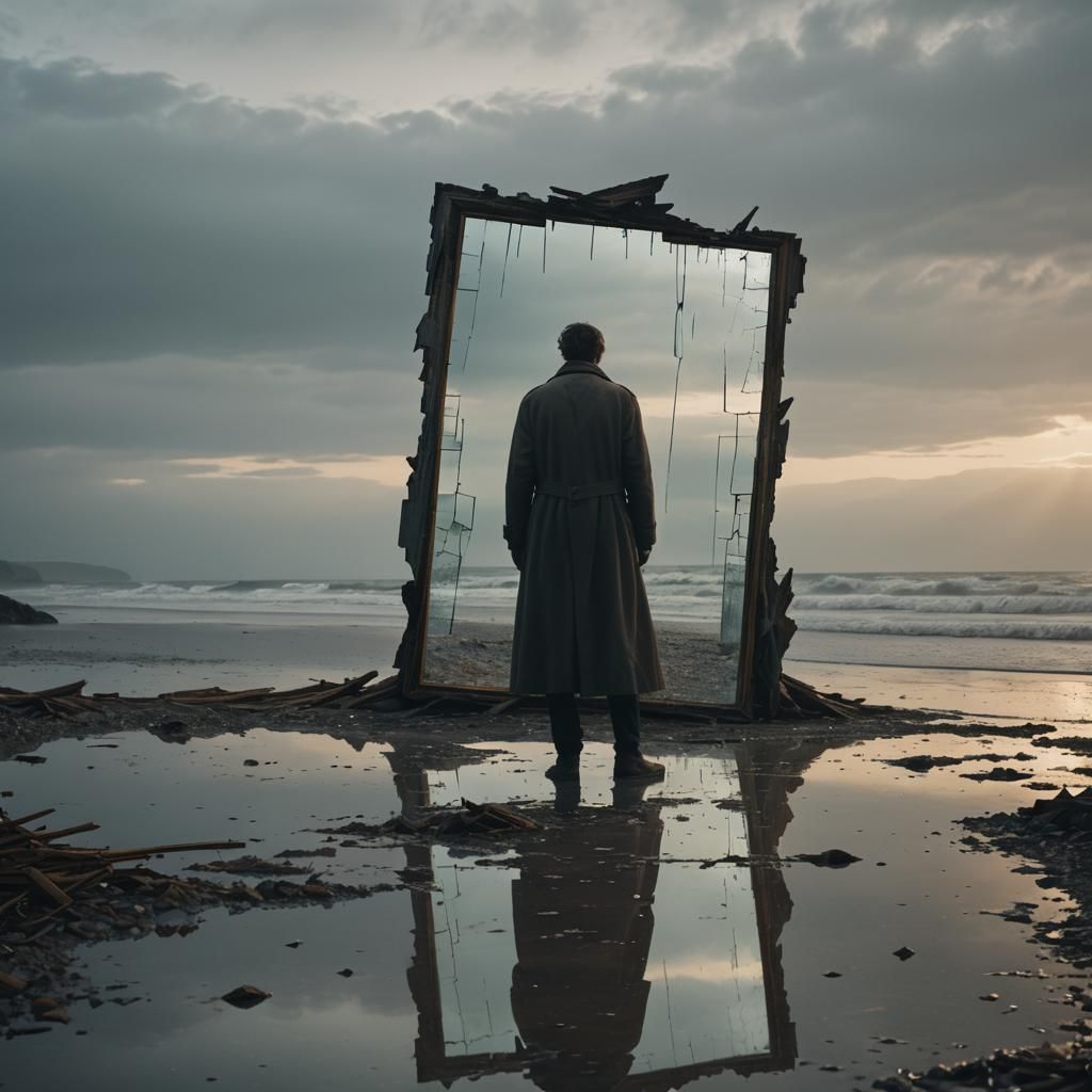 Moody Figure Gazing into Broken Mirror