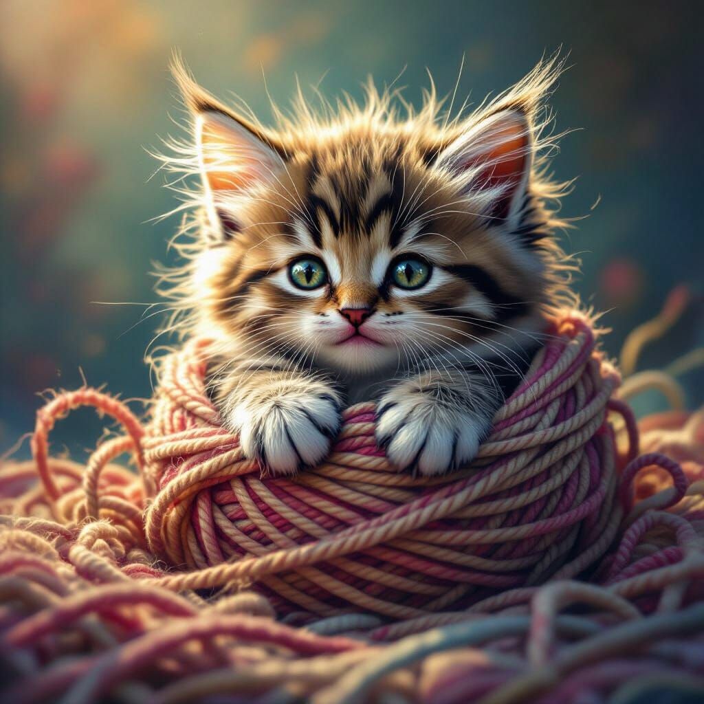 Hyperrealistic Kitten Playing with Yarn in Vivid Color