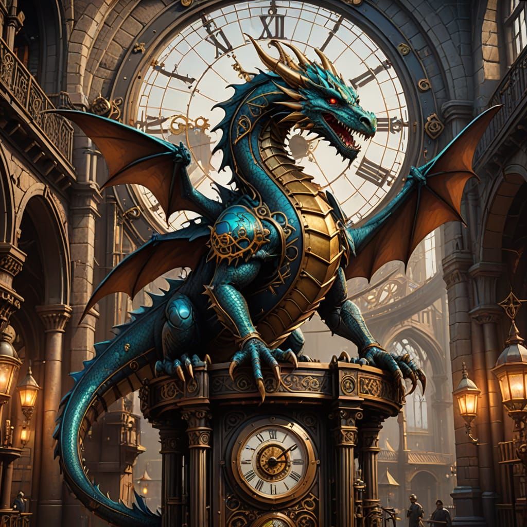 Steampunk Dragon Automaton on Clock Tower