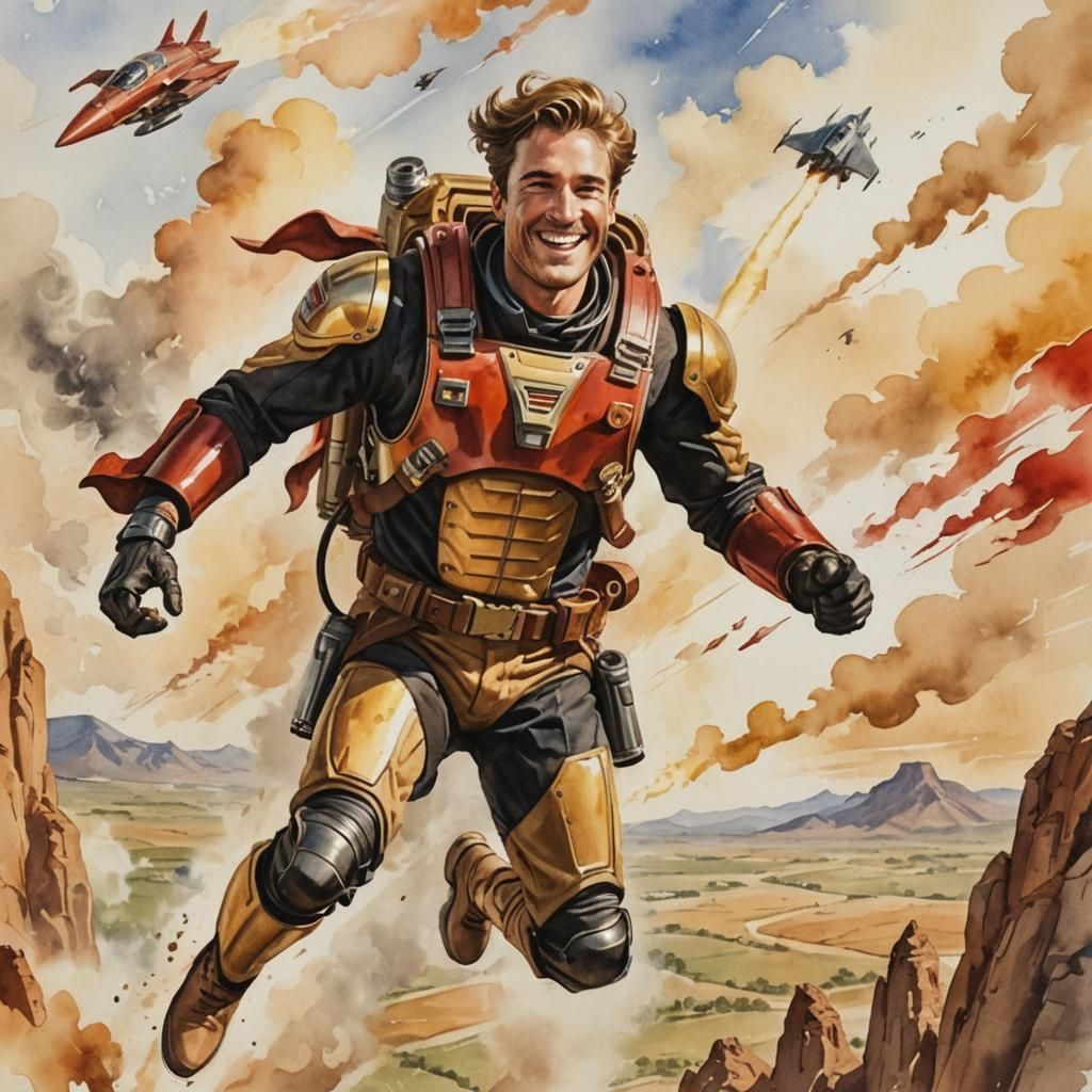 Rocketeer Soaring Over Plains in Watercolor Style
