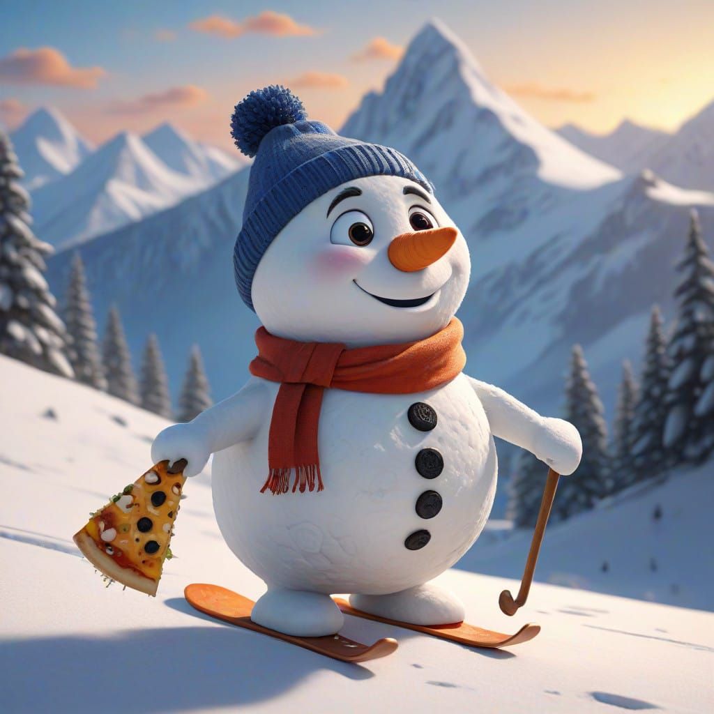 Charming Snowman Skis Down Mountain with Pizza in Hand