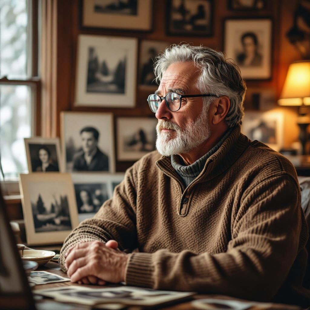 Contemplative Old Man Surrounded by Nostalgic Memories