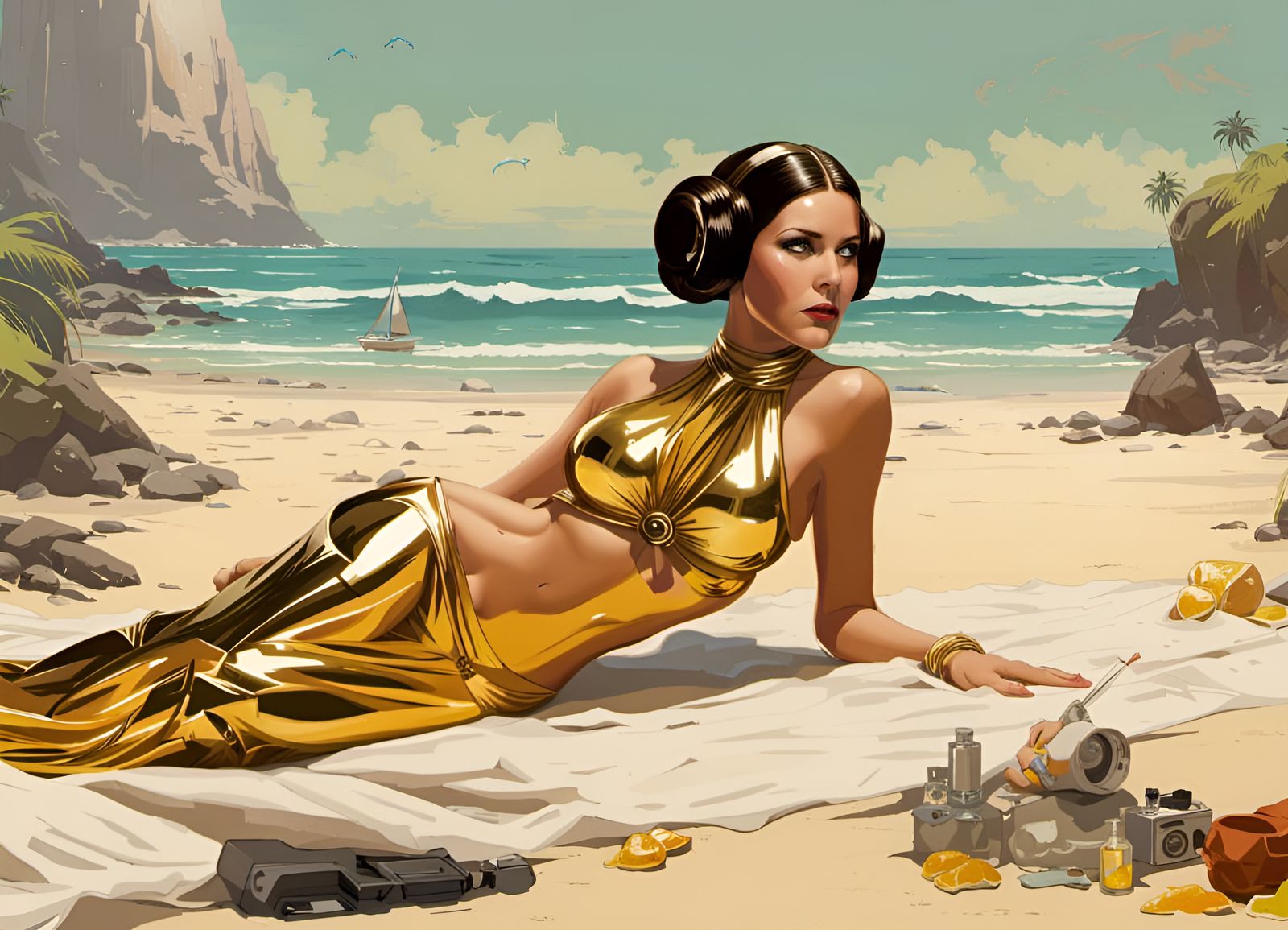 Princess Leia on the Beach in Splash Art Style