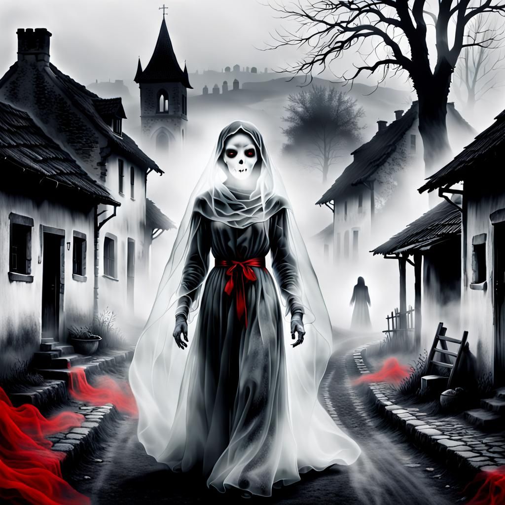 Ethereal Ghost Haunts Misty Village in Monochrome