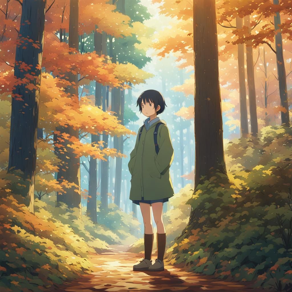 Anime Autumnal Scene of Longing in Forest