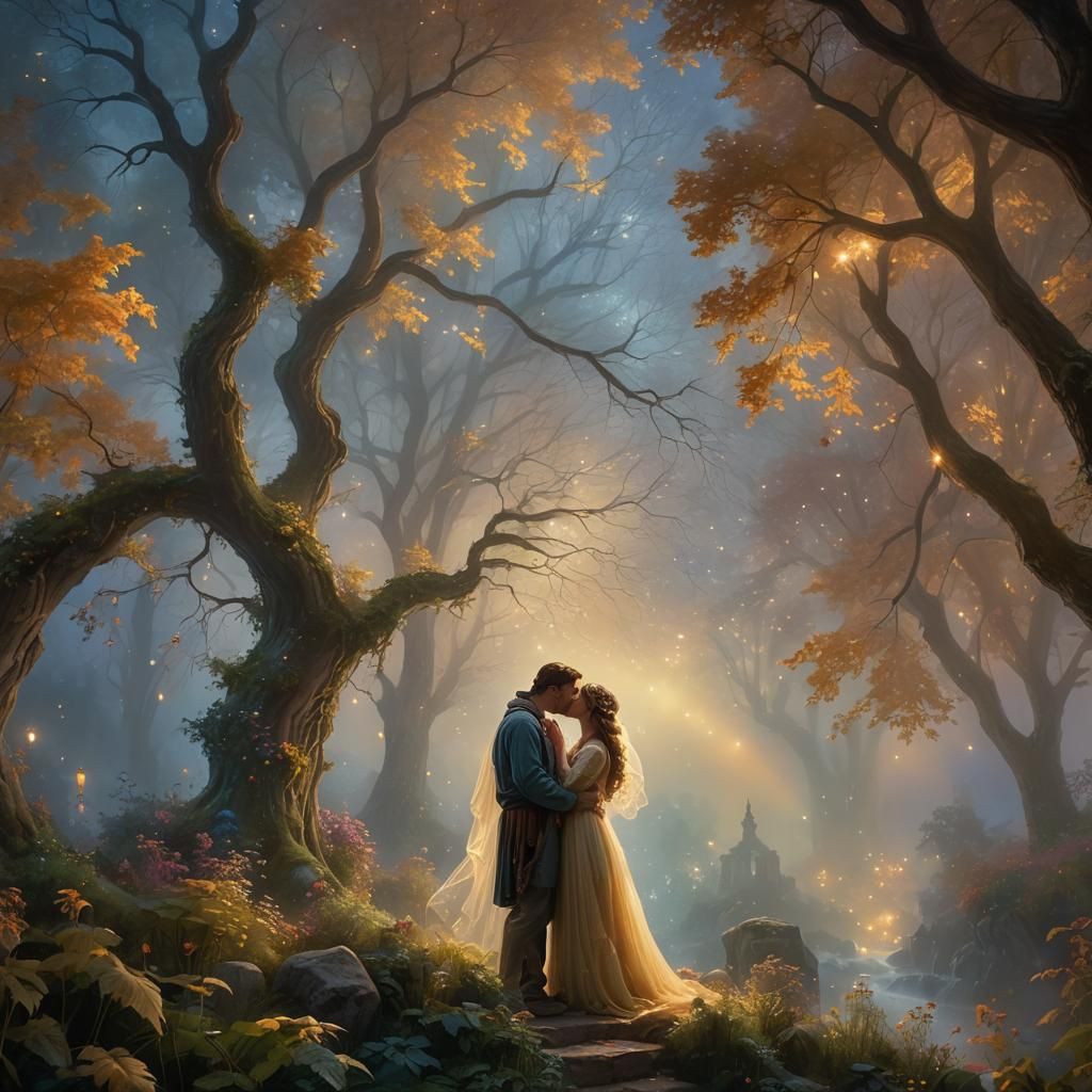 Ethereal Kiss in a Misty Starlight Landscape