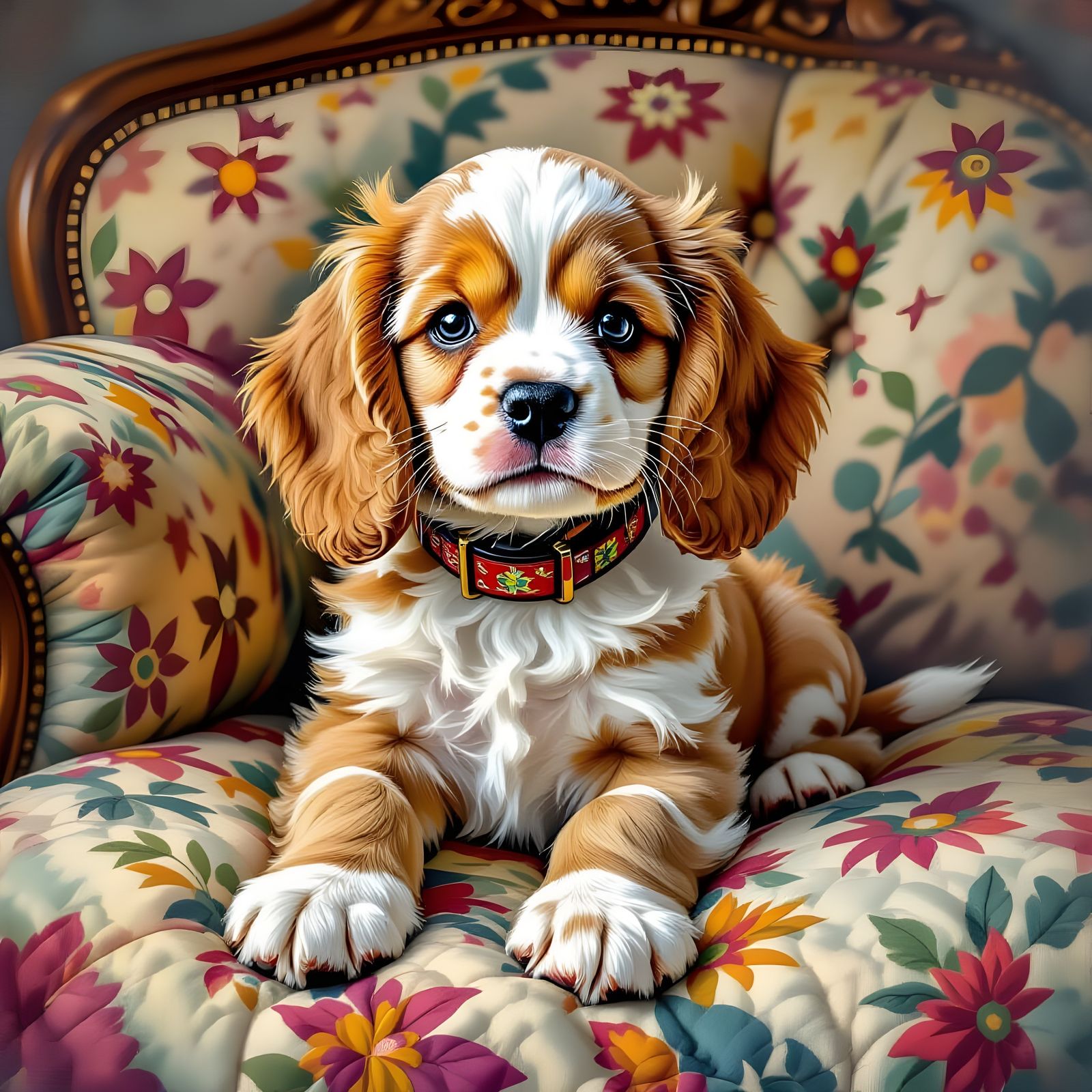 Cocker Spaniel Puppy on Quilt, Hyper-Realistic Comic Art