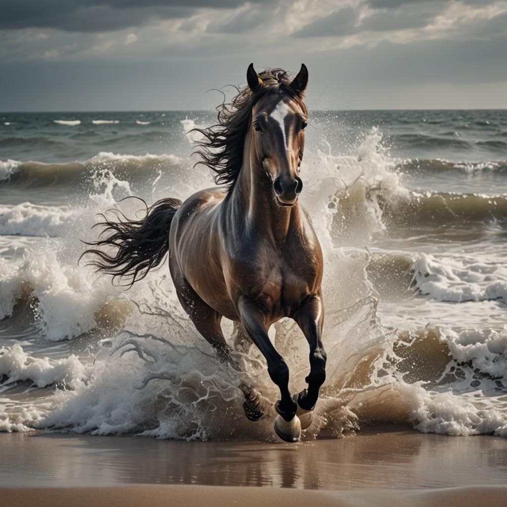 Horse galloping on the beach in the waves