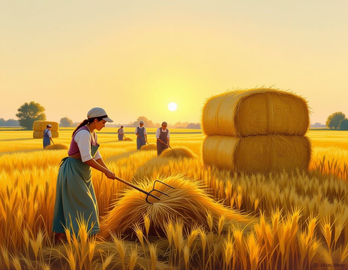 Harvest Season Dawn: Woman Gathers Hay in Golden Light