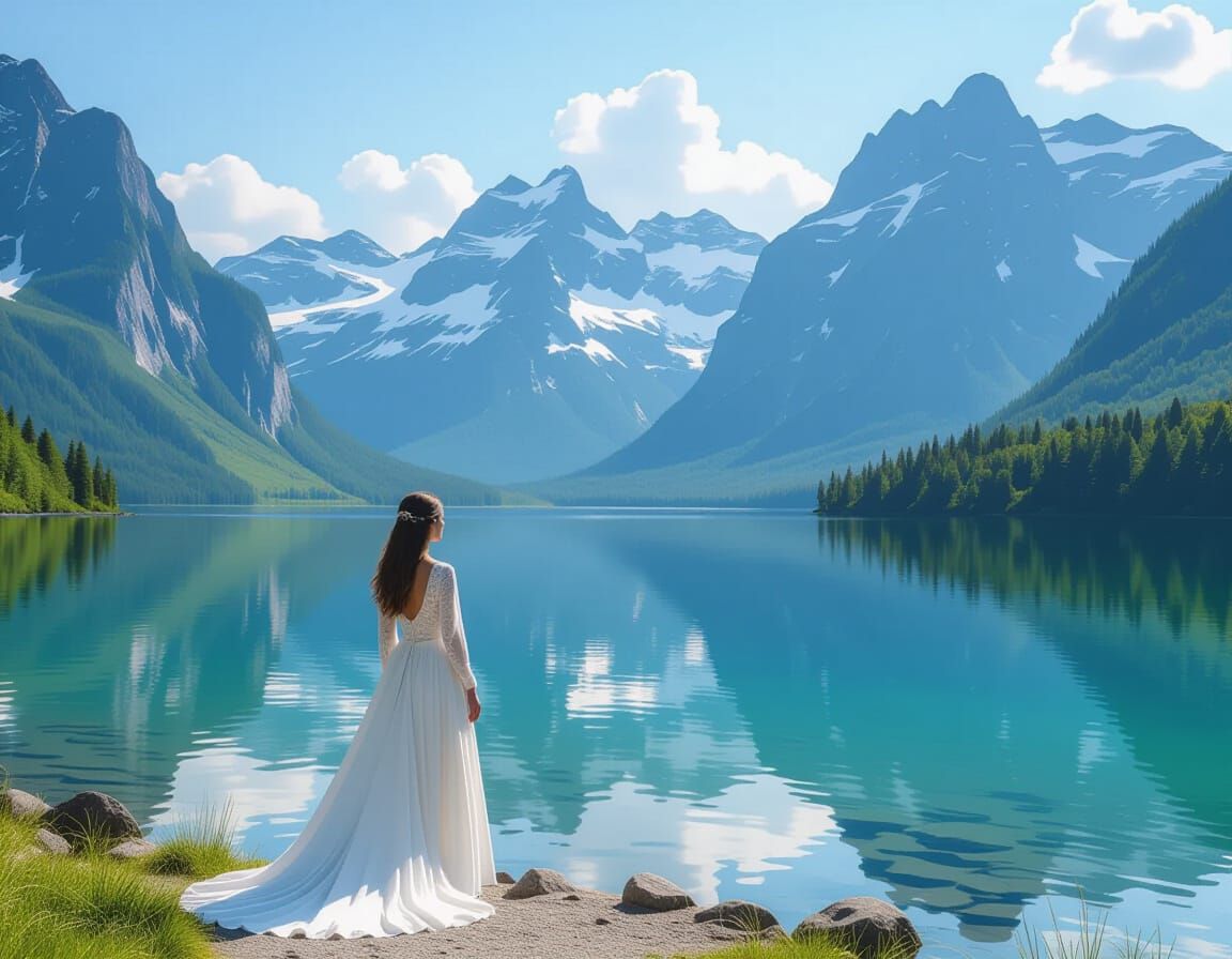 Serene Woman Reflects Mountains in Calm Lake