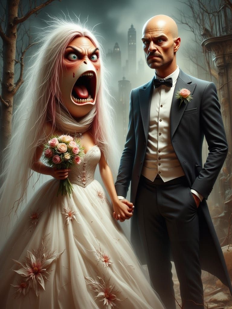 Enraged Egg Couple Wedding Portrait in Surrealist Style