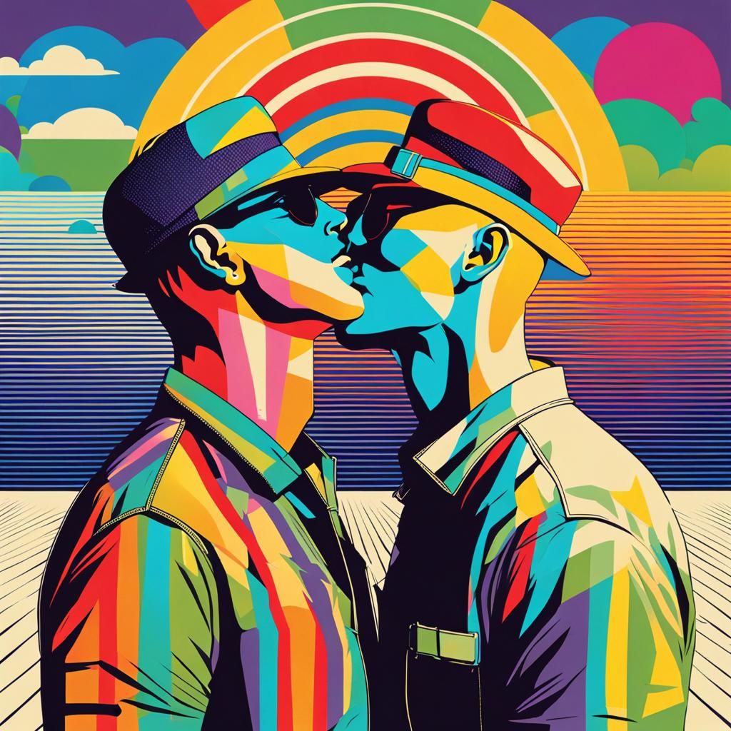 Gay Men Kissing in Geometric Pop Art Style
